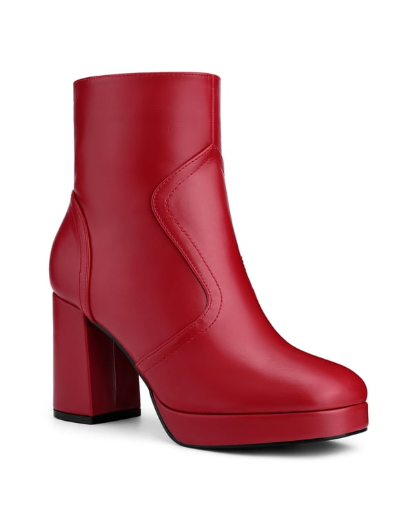 Women's Ankle Boots Faux Leather Platform Block Heel Squared Toe Zipper Closure Boots Red 10