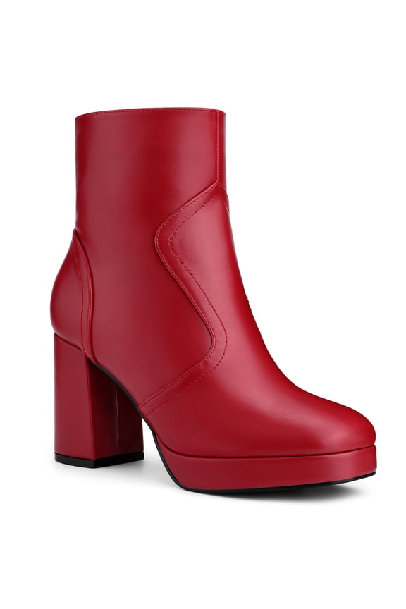 Women's Ankle Boots Faux Leather Platform Block Heel Squared Toe Zipper Closure Boots Red 10