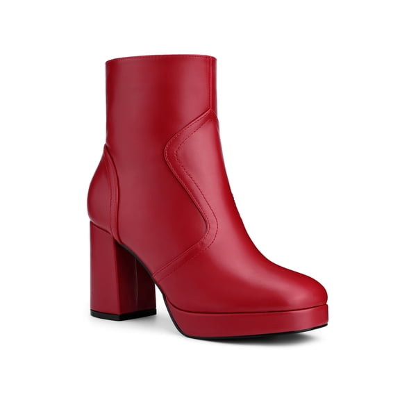 BLISSFUL STEP Women's Ankle Boots Faux Leather Platform Block Heel Squared Toe Zipper Closure Boots Red 7.5
