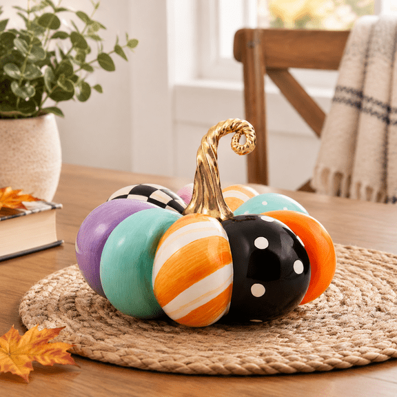 Squashed Whimsy Patchwork Pumpkin Figurine, Decor for Fall and Seasonal Displays