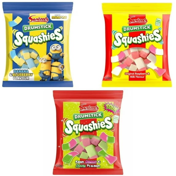 Squashies Drumstick Chewy Candy Assorted 3 Pack (Sour Cherry & Apple, Banana & Blueberry, Raspberry & Milk)