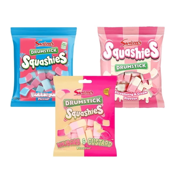 Squashies Drumstick Chewy Candy Variety 3 Pack (Strawberry & Cream, Bubblegum, Rhubarb & Custard)
