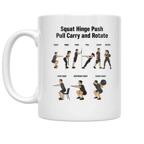 Squat Hinge Push Pull Carry Rotate Educational Design - 11 oz Ceramic Coffee Mug