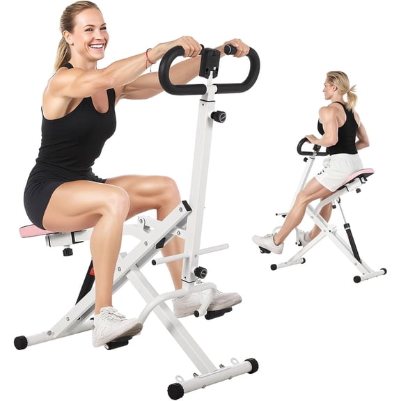 Squat Machine, Squat Assist Trainer with Adjustable12 Level Resistance, Foldable Squat Ride Rowing Machine for Home, Full Body Workout Gym for Glutes Legs Workout, 350 LBS Capacity, White