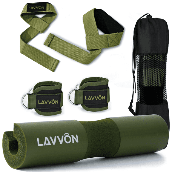 Squat Pad Set - Foam Barbell Pad for Squats Cushion, Lunges & Bar Padding for Hip Thrusts - Standard Weight Bar Pad - With Ankle Straps, Wrist Straps for Weightlifting