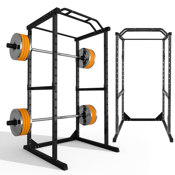 Squat Rack, Black 1200lbs Load, 2"2" Square Steel 14-hole Adjustable Strength Cage, J-hooks & Safety Spotters, Power Cage for Indoor Home Professional Weightlifting Training