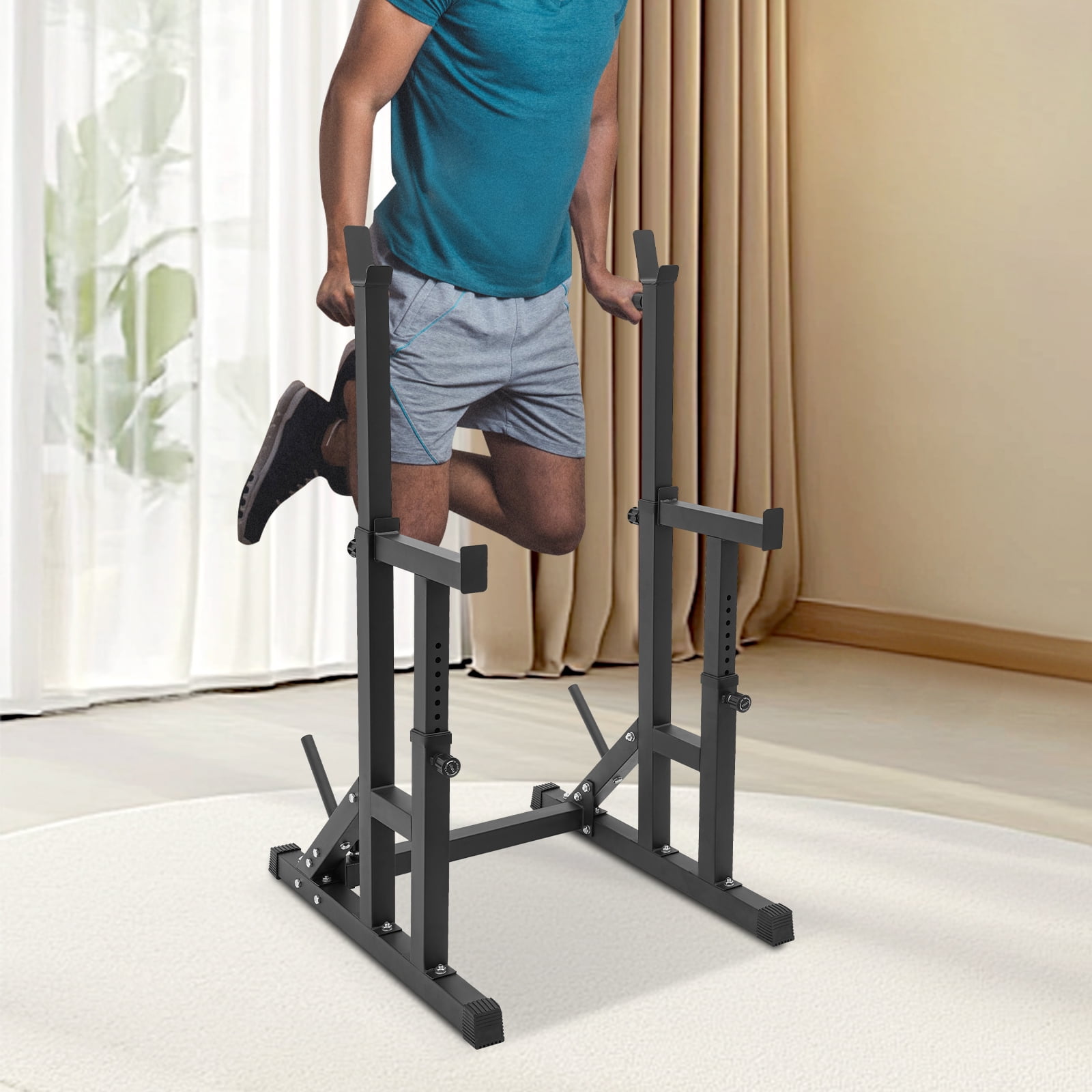 Squat Rack with Dip Stands, Adjustable Height (90-150cm), Carbon Steel Frame, Anti-slip Knobs and Foot Pads, Barbell Plate Storage for Home Gym and Strength Training