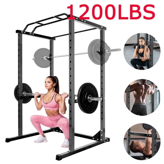 Squat Rack Power Cage 1200LB Capacity, Multi Functional Weight Bench Squat Rack with J Hooks, Adjustable Power Rack for Home Gym Equipment, Black, 45.6"L x 44.3"W x 81.5"H