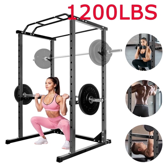Squat Rack Power Cage 1200LB Capacity, Multi Functional Weight Bench Squat Rack with J Hooks, Adjustable Power Rack for Home Gym Equipment, Black, 45.6"L x 44.3"W x 81.5"H