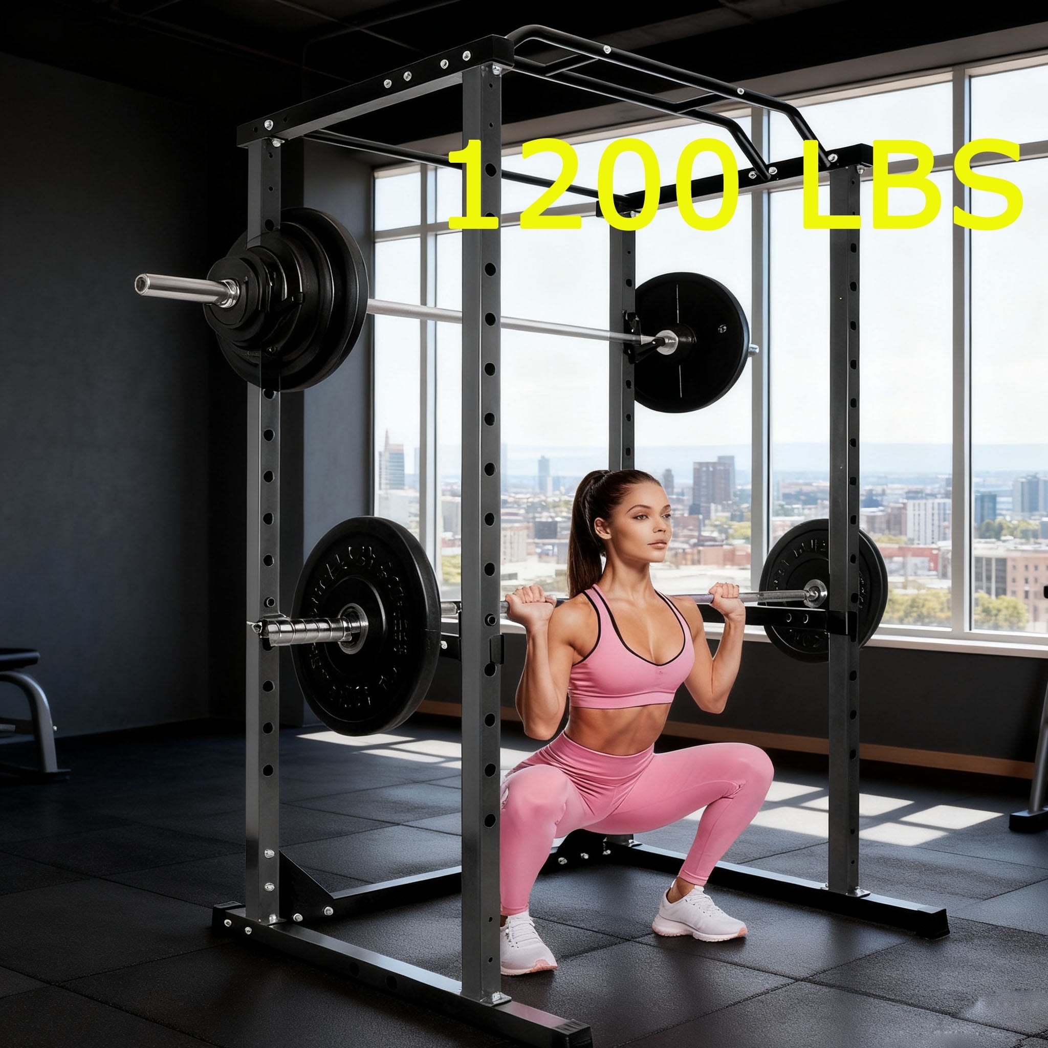 Squat Rack Power Cage, 1200LB Frame Power Rack, 2”x2”Square Multi - Function Home Gym Squat Rack with J-Hooks for Fitness Workouts