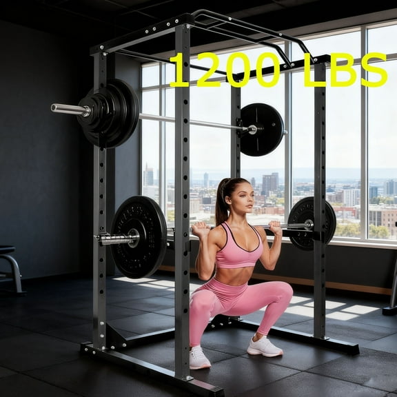 Squat Rack Power Cage, 1200LB Frame Power Rack, 2x2Square Multi - Function Home Gym Squat Rack with J-Hooks for Fitness Workouts
