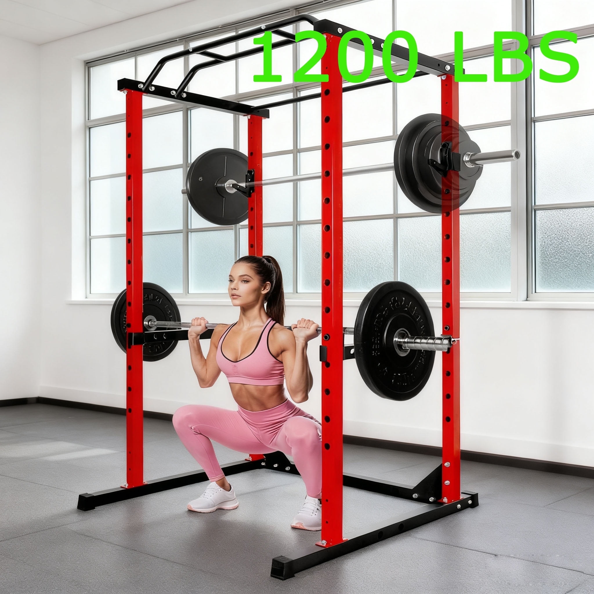 Squat Rack Power Cage, 1200LB Multi - Function Home Gym Squat Rack, 2”x2”Square Adjustable Squat Rack with J-Hooks for Weightlifting