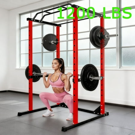 Squat Rack Power Cage, 1200LB Multi - Function Home Gym Squat Rack, 2”x2”Square Adjustable Squat Rack with J-Hooks for Weightlifting