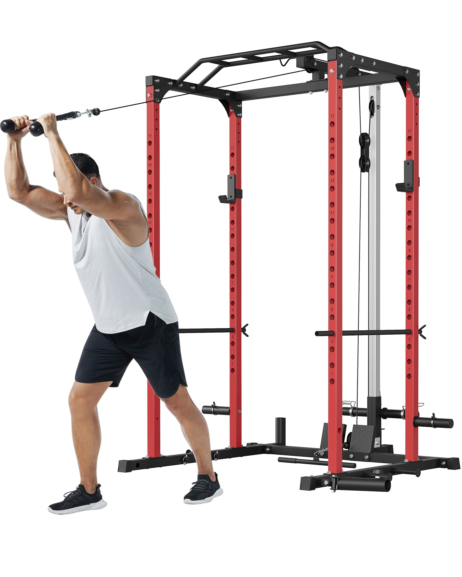 Squat Rack with Pull Up Bar, Heavy Duty Carbon Steel Power Rack for Home Gym, 85.6" Adjustable Squat Stand with Safety J-Hooks for Bench Press, Squat, Weightlifting, 1000LB+ Rating, Red/Black