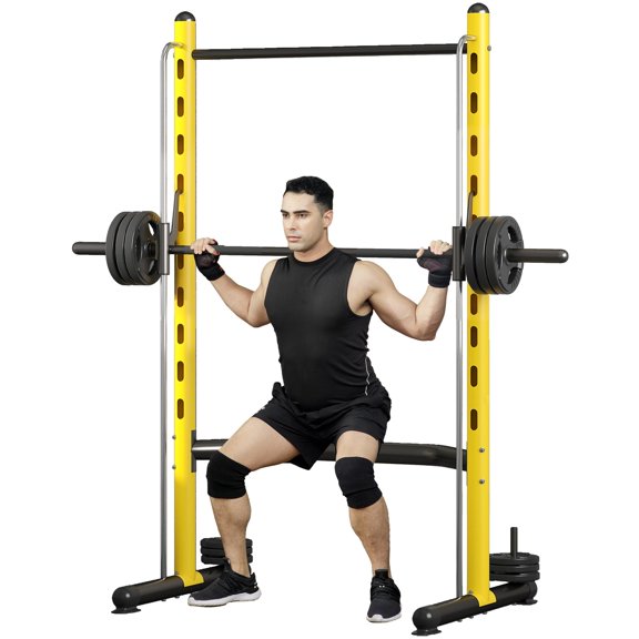 Squat Rack Stand, Multi Functional Home Gym Workout Power Station, Strength Training Fitness Rack With Guided Barbell Bar And Pull Up Bar, Modern Utility Style, Yellow 1 Pack
