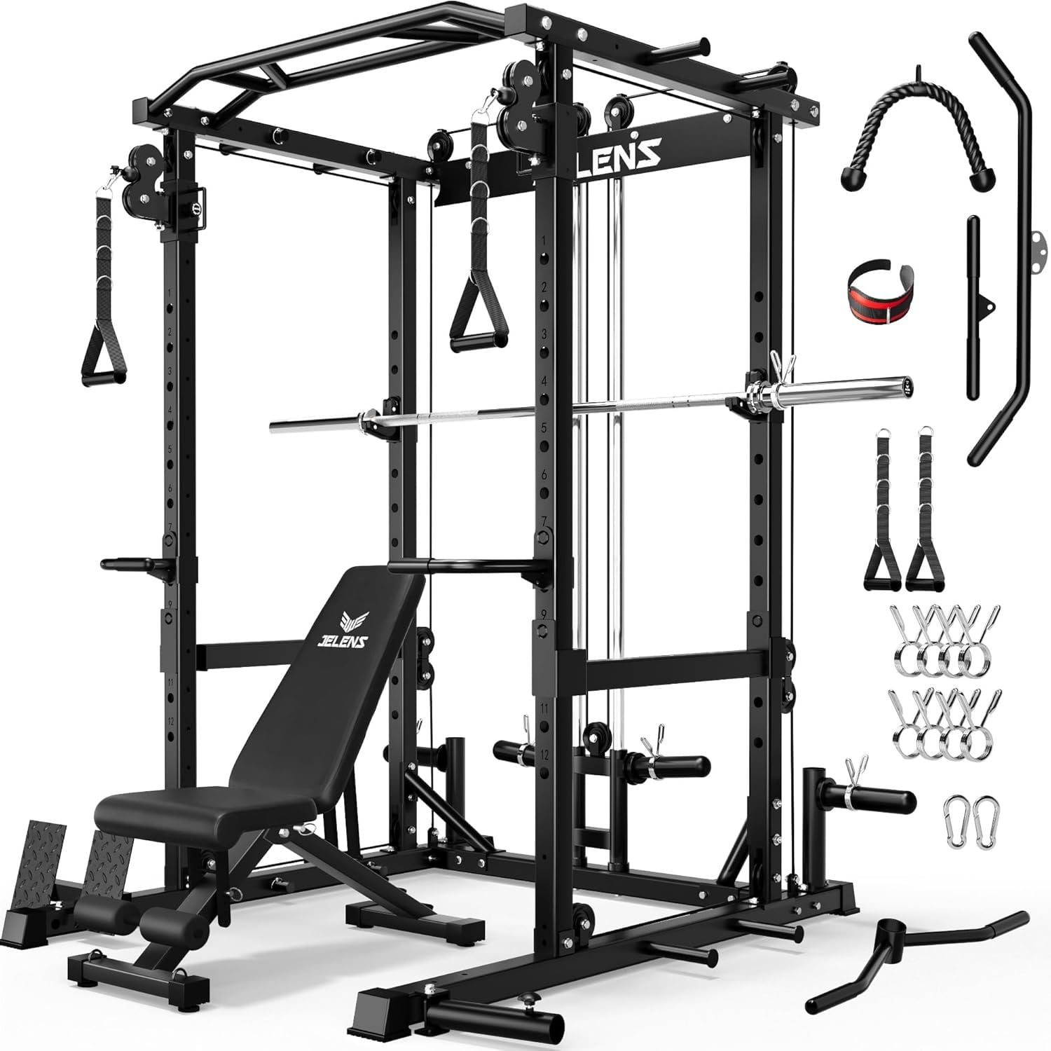 Squat Rack for Home Gym, 2000LBS Power Rack with Adjustable Pulley System, Power Cage Workout Equipment with LAT Pulldown and Training Attachment