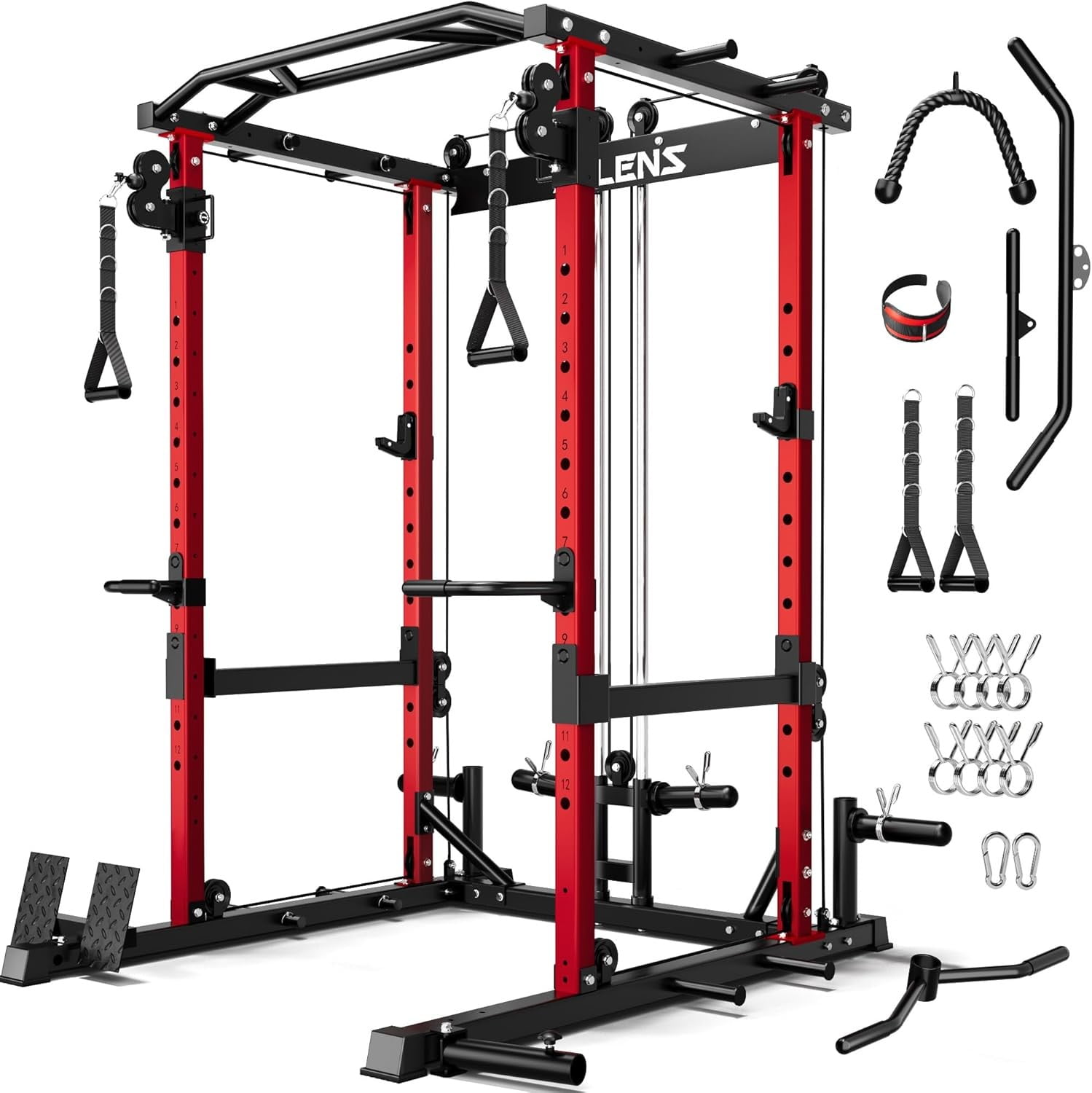 Squat Rack for Home Gym, 2000LBS Power Rack with Adjustable Pulley System, Power Cage Workout Equipment with LAT Pulldown and Training Attachment