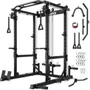 Squat Rack for Home Gym, 2000LBS Power Rack with Adjustable Pulley System, Power Cage Workout Equipment with LAT Pulldown and Training Attachment