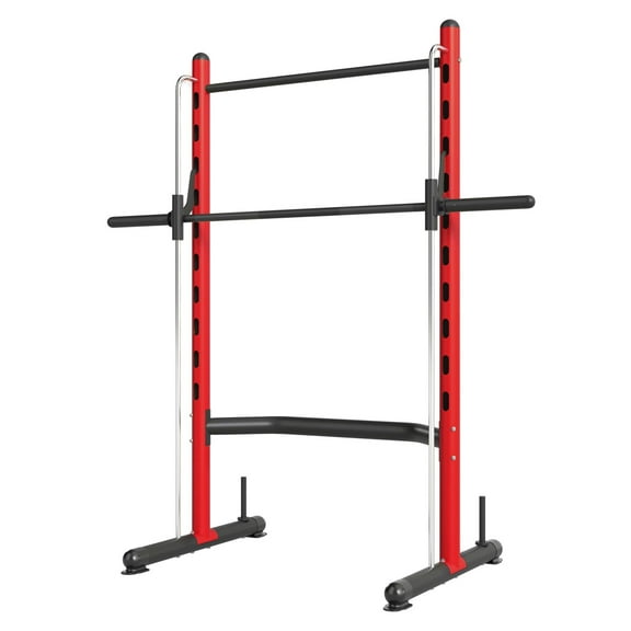Squat Rack with Pull Up Bar & Barbell, Adjustable Weight Lifting Half Rack - Red
