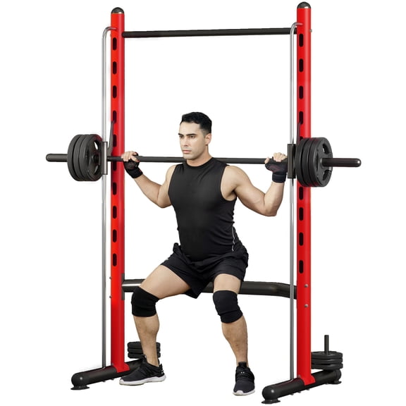 Squat Rack with Pull Up Bar and Adjustable Bench Press, Heavy-Duty Steel Multi-Function Weight Lifting Half Rack, Red, 75.5 x 39.25 x 83.5 in