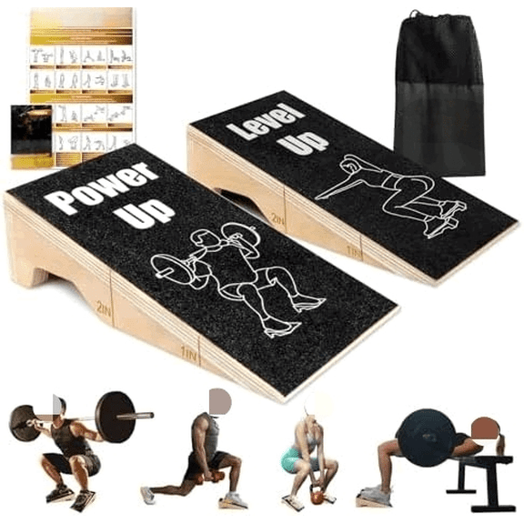 Squat Wedge Block, 2 Pcs Non-Slip Wooden Squat Wedge for Heel Elevation & Weightlifting with Training Poster & Storage, 1800 Lbs Capacity Exercise Slant Board for Calf Stretching & Ankle Mobility