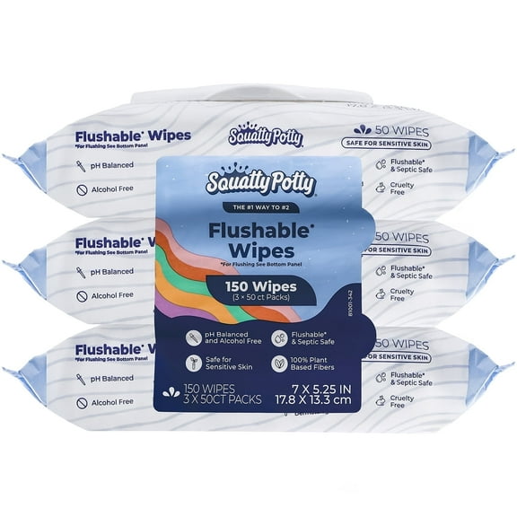 Squatty Potty Flushable Wipes - 3 Pack (150 Total Wipes) - 99% Water & Plant-Based - Green Tea, Cucumber & Aloe Spa Scent - pH Balanced - Septic Safe Adult Wet Wipes