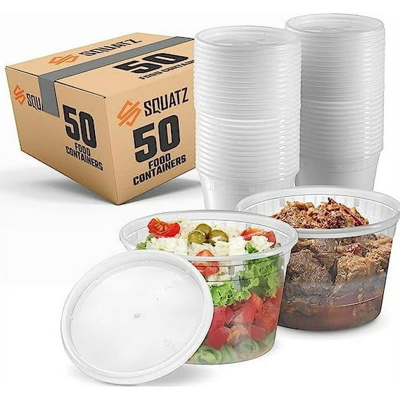 Squatz 50 Microwavable Food Container Clear Plastic - 16oz Translucent Meal Box Storage with Lids