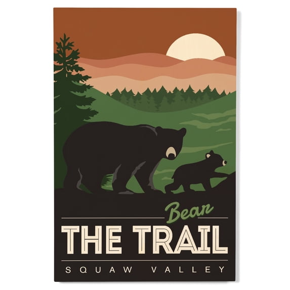 Squaw Valley, California, Bear the Trail, Vector Birch Wood Wall Sign (12x18 Rustic Home Decor, Ready to Hang Art)