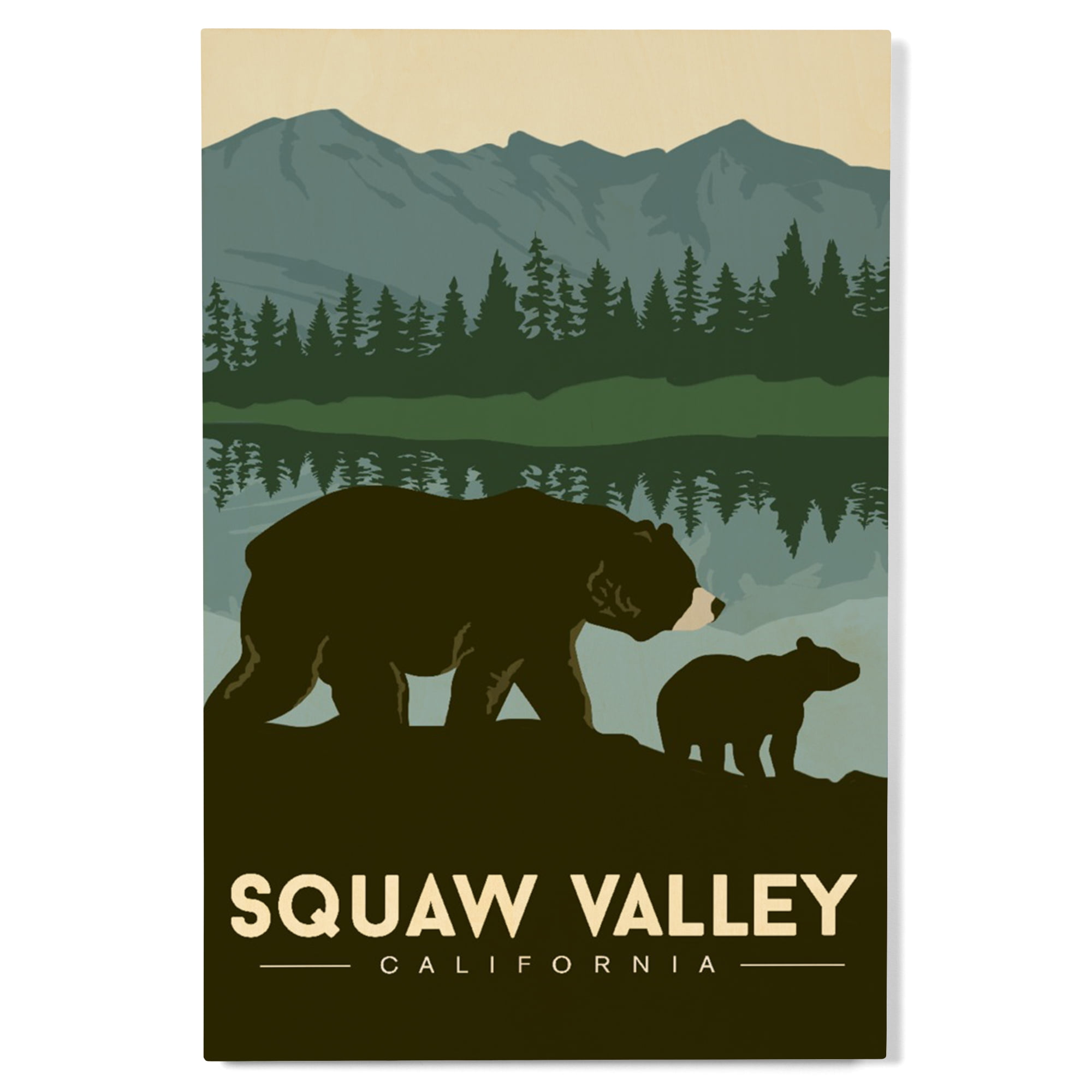 Squaw Valley California Grizzly Bear Vector Style Birch Wood Wall Sign 12x18 Rustic Home