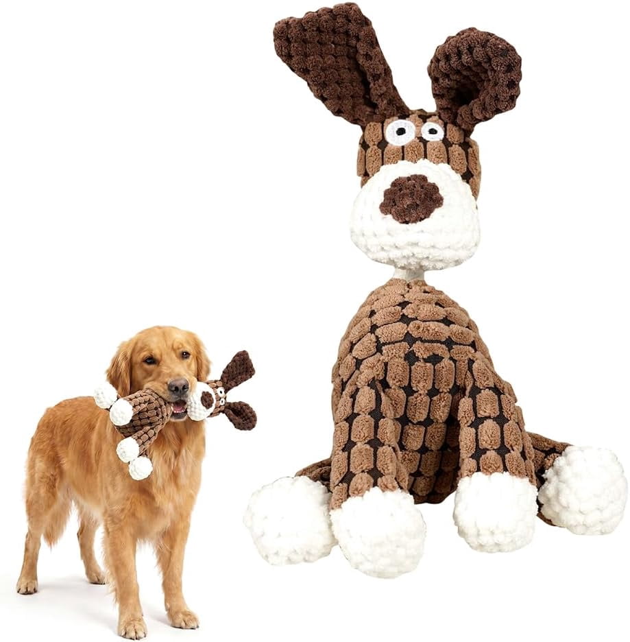 Squeaker Plush Dog Toy for Aggressive Chewers Medium Large Dogs Reinforced Washable White