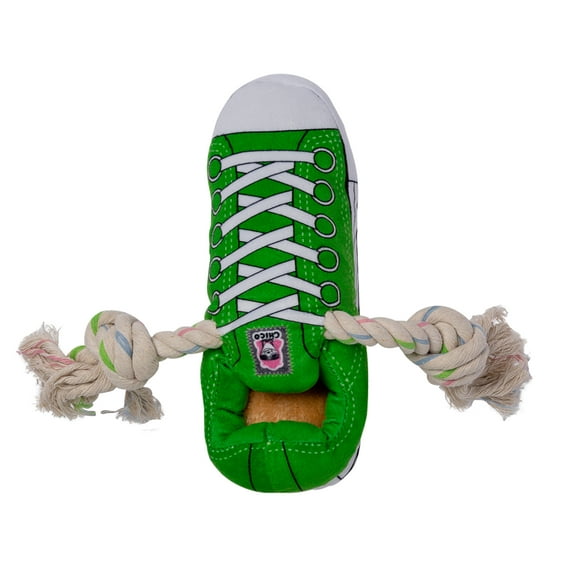 Squeaky Comfort Plush Sneaker Dog Toy with Treat Compartment  Green