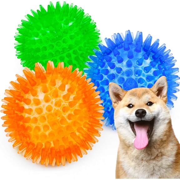 Squeaky Balls for Dogs Small, Fetch Balls Rubber 3 Pack Bright Colors, TPR Puppy Toys, Squeaky Spike Toys for Small Puppy