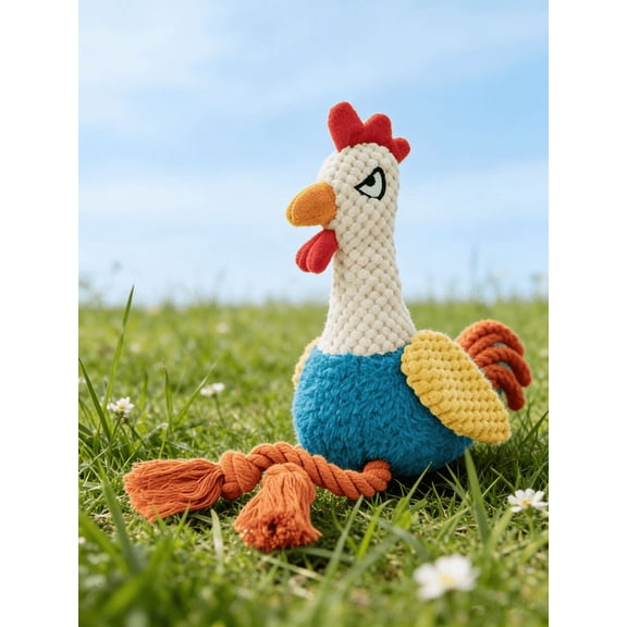 Squeaky Chicken Dog Toy with Rope Legs, Durable Tug & Play Rooster Toy for Small Medium Dogs, Cute Pet Chew Toy (Blue)