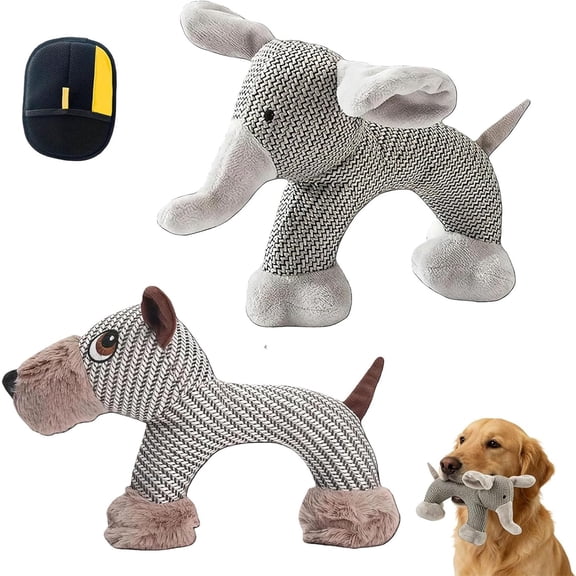 Squeaky Dog Chew Animals, Linen Fabric, Dog Toy with Squeaker, Dog Stuffed Toy with Squeakers for Small Medium Dogs (Elephant+Dog)