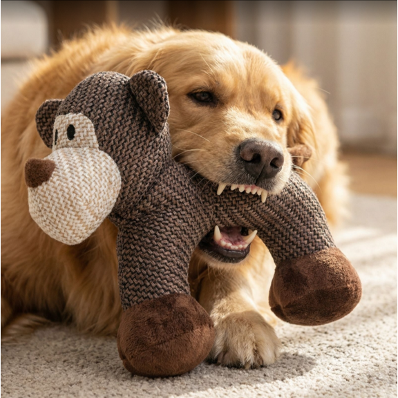 Squeaky Dog Chew, Tough Linen Fabric Monkey Shape for Aggressive Chewers, Interactive Pet for Boredom & Anxiety Relief, Cute Animal Plush for Small Medium Large Dogs A