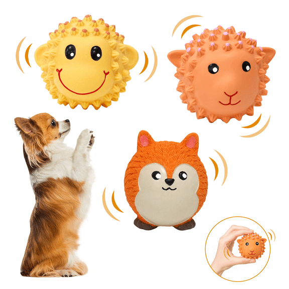 Squeaky Dog Toy,3 in Latex Soft Ball Set with Lamb Monkey Fox, Chew Toys for Small and Medium Dogs, Spiky Soft Rubber Puppy Teeth Clean Pet Toy, Indoor & Outdoor Fetch Play(3 Pack)