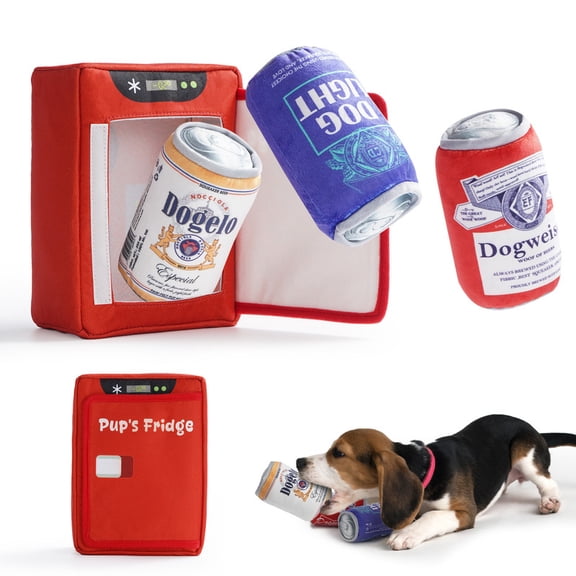 Squeaky Dog Toys 3 Pack, Beer Fridge Puzzle with Treat Hiding & Crinkle Sounds, Durable Plush Toy for Small to Large Dogs