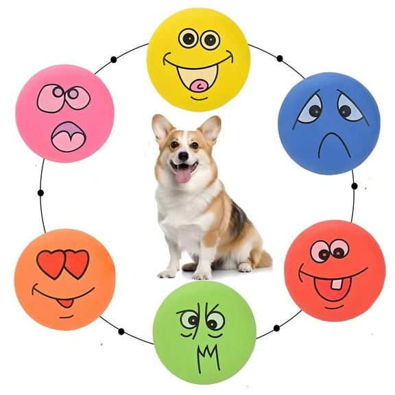 Squeaky Dog Toys, Funny Smile Emoji Puppy Ball, Soft Durable Non-Toxic Latex Toy for Small Dogs, Pet Stress Relief Interactive Play, 6 pcs