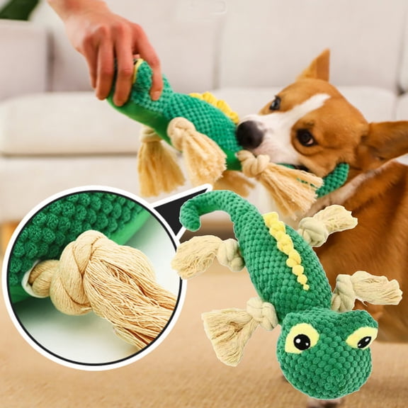 Squeaky Dog Toys, Lizard Plush Chew Toy with Rope for Puppies, Interactive Cotton Rope Tug Toy for Teeth Grinding, Soft Stuffed Animal for Anxiety Relief,Green