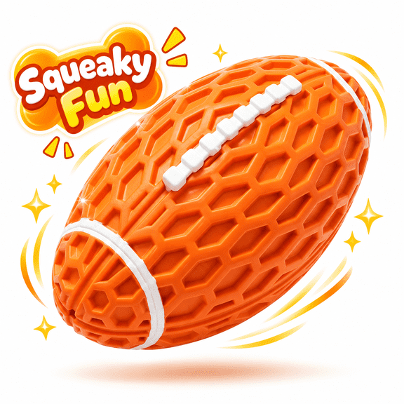 Squeaky Football Dog Toy, Durable Rubber Chew Toy for Aggressive Chewers, Teeth Cleaning, Orange