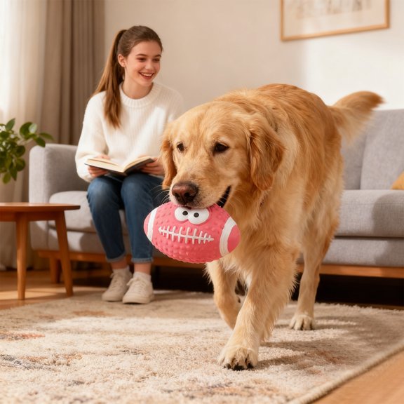 Squeaky Latex Rugby Dog Ball Toys for Small to Medium Pups,Durable Stuffed Pet Fetch Toy for Outdoor Play,Soft Interactive Smiley Chew Toy for Boredom