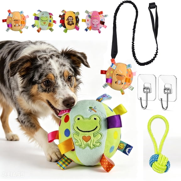 Squeaky Play Ball, Colorful Squeaky Hanging Dog Training Toy with Elastic Ropes Soft, Stretchy - Durable Chew & Play Toy for All Dogs