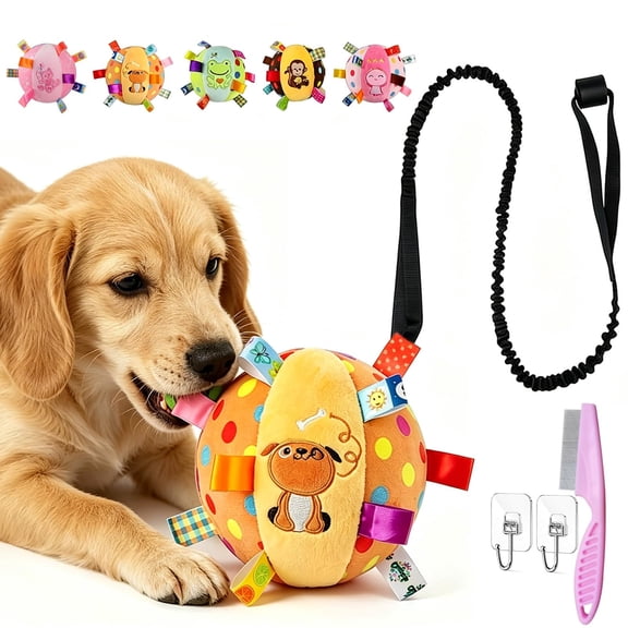 Squeaky Play Ball with Elastic Rope, Hanging Dog Toy, Colorful 6-Inch Stuffed Bell Ball for Small Medium Dogs, Bungee Tug Chew Toy for Indoor Outdoor Training