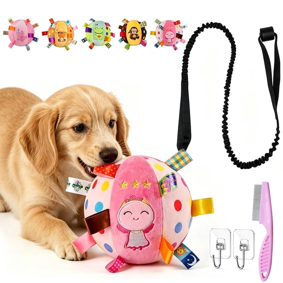 Squeaky Play Ball with Elastic Rope, 6-Inch Hanging Dog Training Toy with Bell, Soft Cotton Chew Tug Toy for Small Medium Dogs Indoor Outdoor