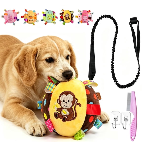 Squeaky Play Ball with Elastic Rope, 60-Inch Hanging Interactive Tug Toy with Bell, Soft Plush Training Toy for Dogs, Indoor Outdoor Exercise