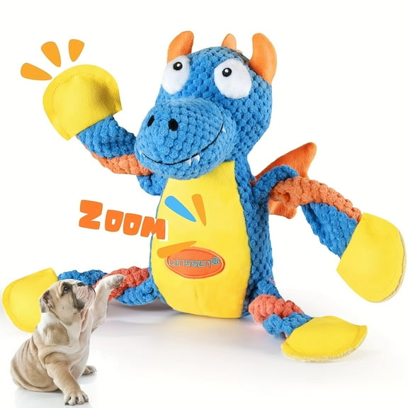 Squeaky Plush Chew Toy for Dogs - Interactive Durable Tug of War Dragon with Long-Lasting Rope, Tough & Soft Teething Puppy Toys for Small, Medium, Large Breed (Crinkle Sound, No Stuffing)
