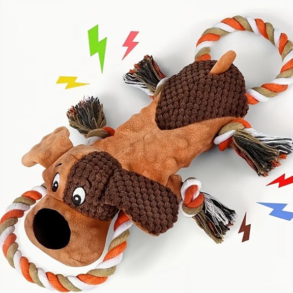 Squeaky Plush Dog Toy with Rope Tail - No Stuffing Animal Print Chew Toy for Aggressive Chewers, Interactive Tug of War Game for Large Medium Small Dogs