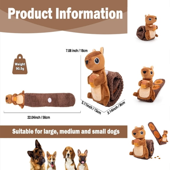 Squeaky Plush Dog Toy, Tug-of-War Crinkle Toy for Dogs, Interactive Dog Toy with Treat Pockets, Durable Boredom Buster Toy for Play, Squirrel, 56 cm, Brown