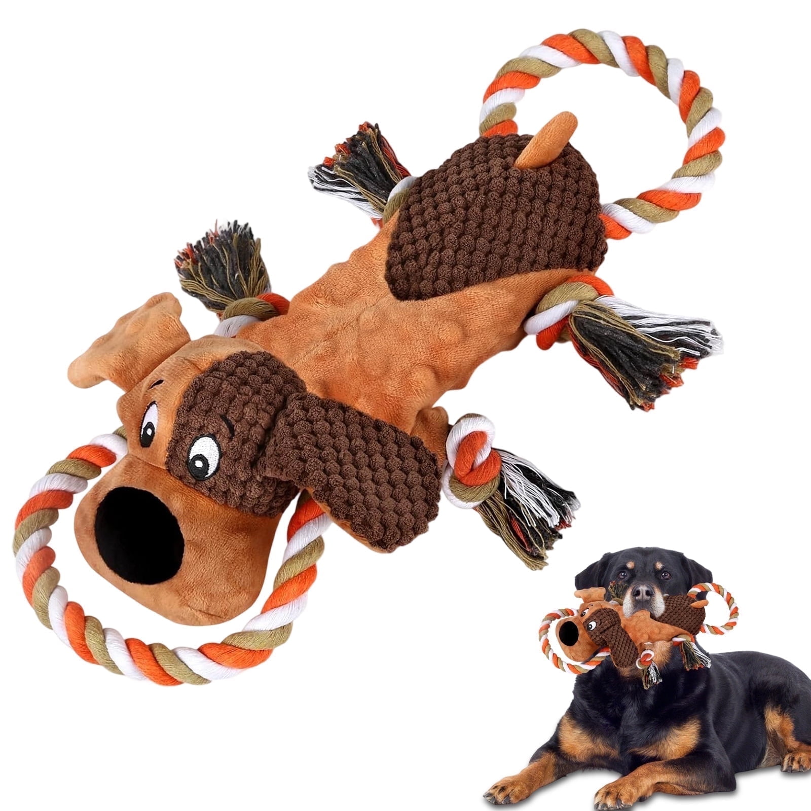 Durable Plush Squeaky Dog Toy with Rope Tug & Crinkle Ears for Large Dogs