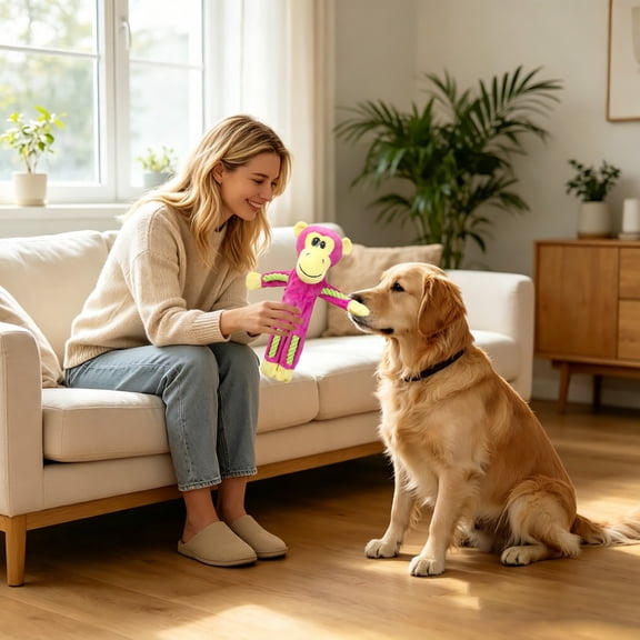 Squeaky Plush Dog Toy with Rope Limbs 15" - Cute Stuffed Animal for Small Medium Large Breeds - Interactive Chew Toy for Cuddling & Playing(Monkey)
